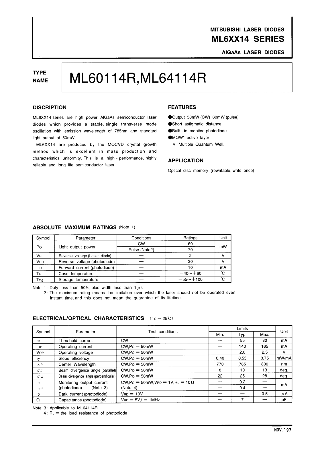 Mitsubishi ML64114R, ML60114R Datasheet