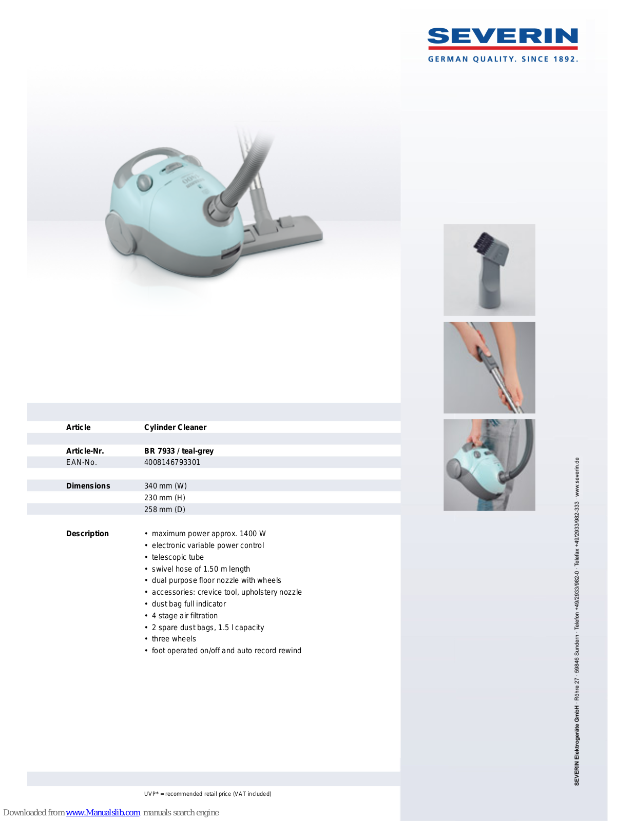 SEVERIN BR 7933, CYLINDER CLEANER - DATASHEET 2 Dimensions - ManualMachine.com