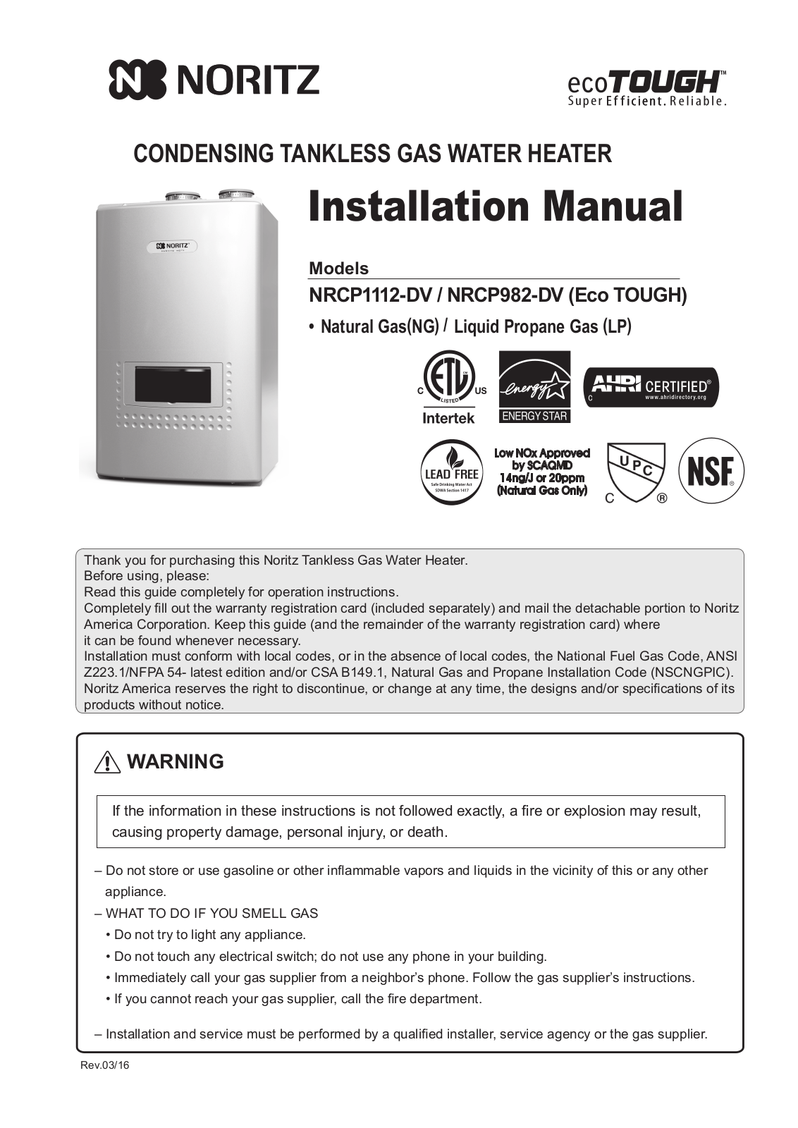 Noritz NRCP1112-DV Installation  Manual