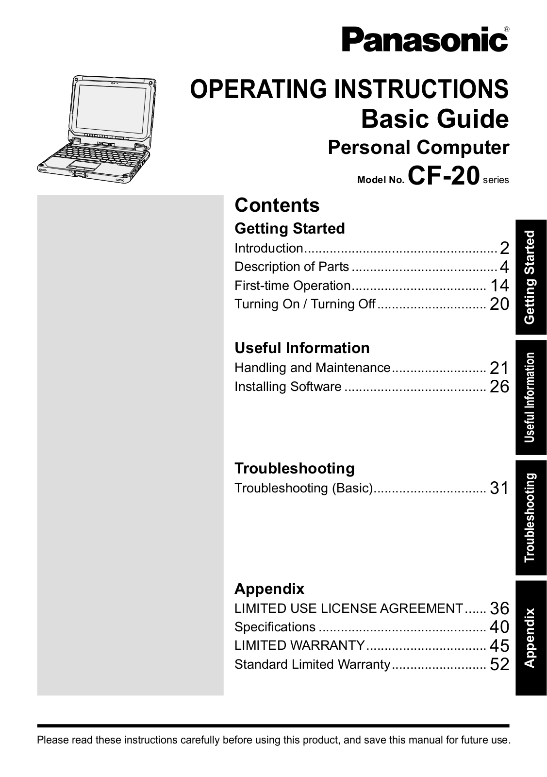 Panasonic CF-20 operating instructions