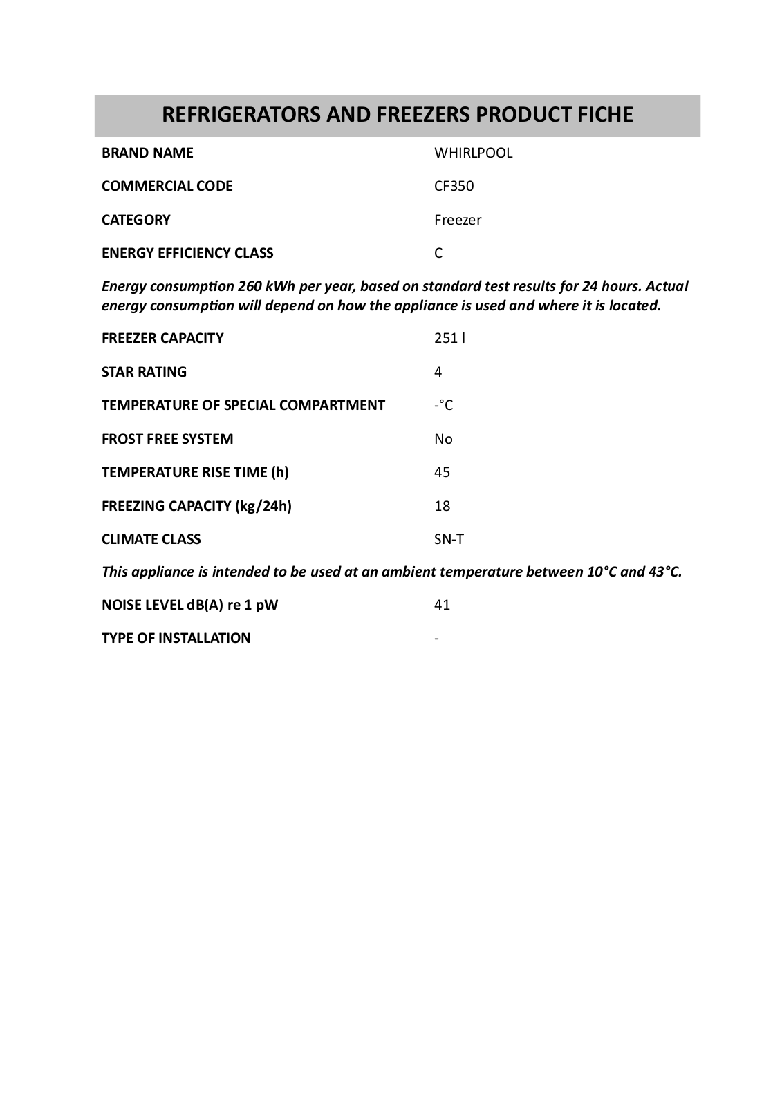 Whirlpool CF350 INSTRUCTION FOR USE