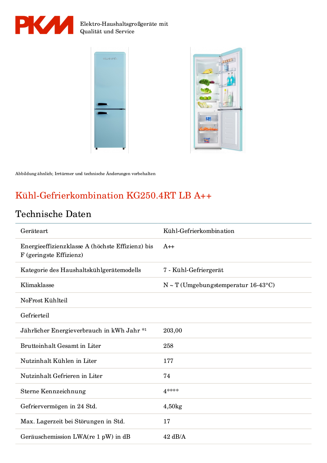 Wolkenstein KG250.4RT LB A++ Service Manual