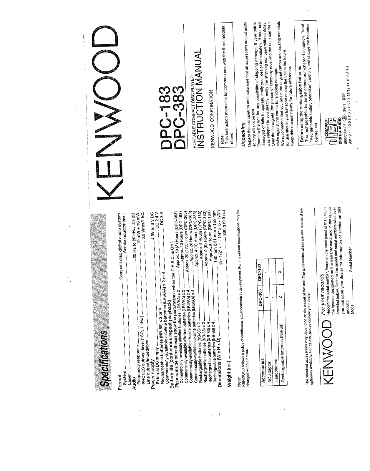 KENWOOD DPC-383, DPC-183 User Manual