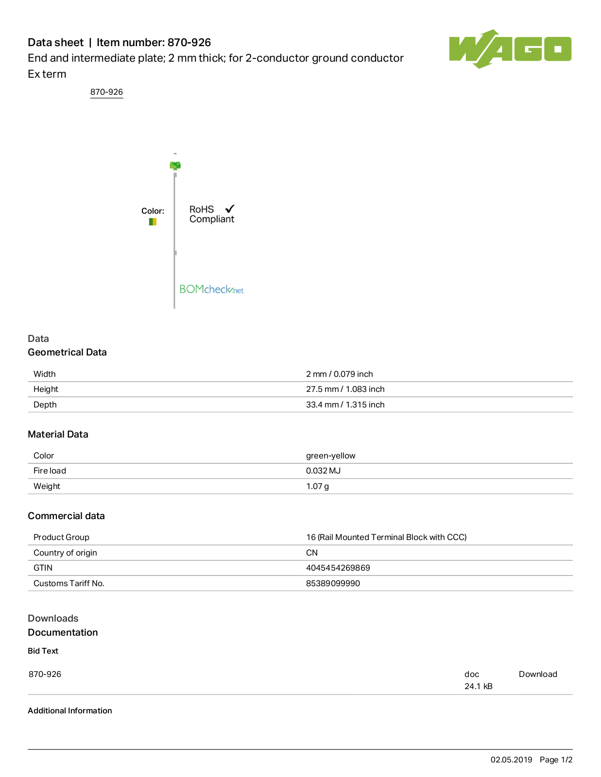 Wago 870-926 Data Sheet