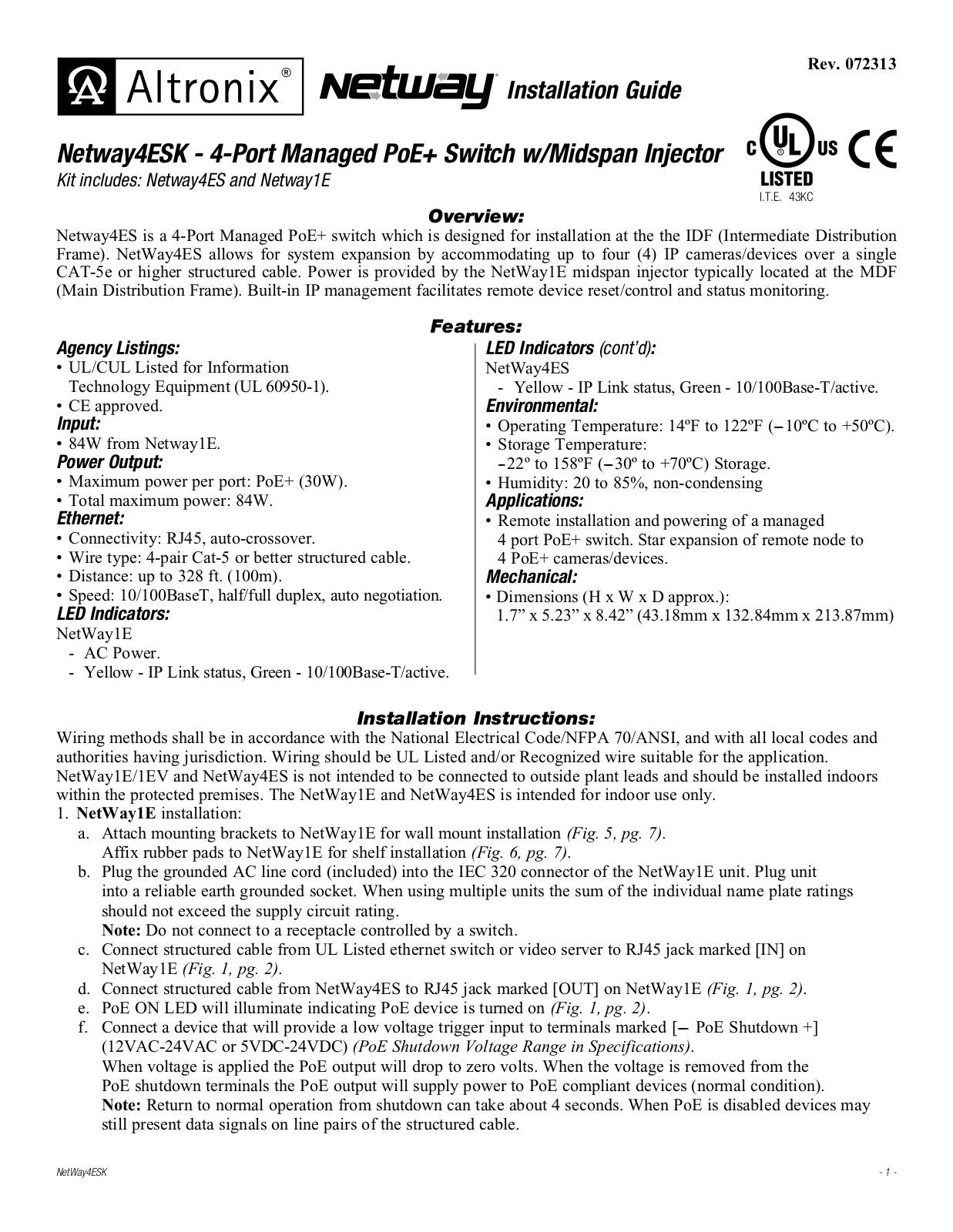 Altronix Netway4ESK Installation Instructions