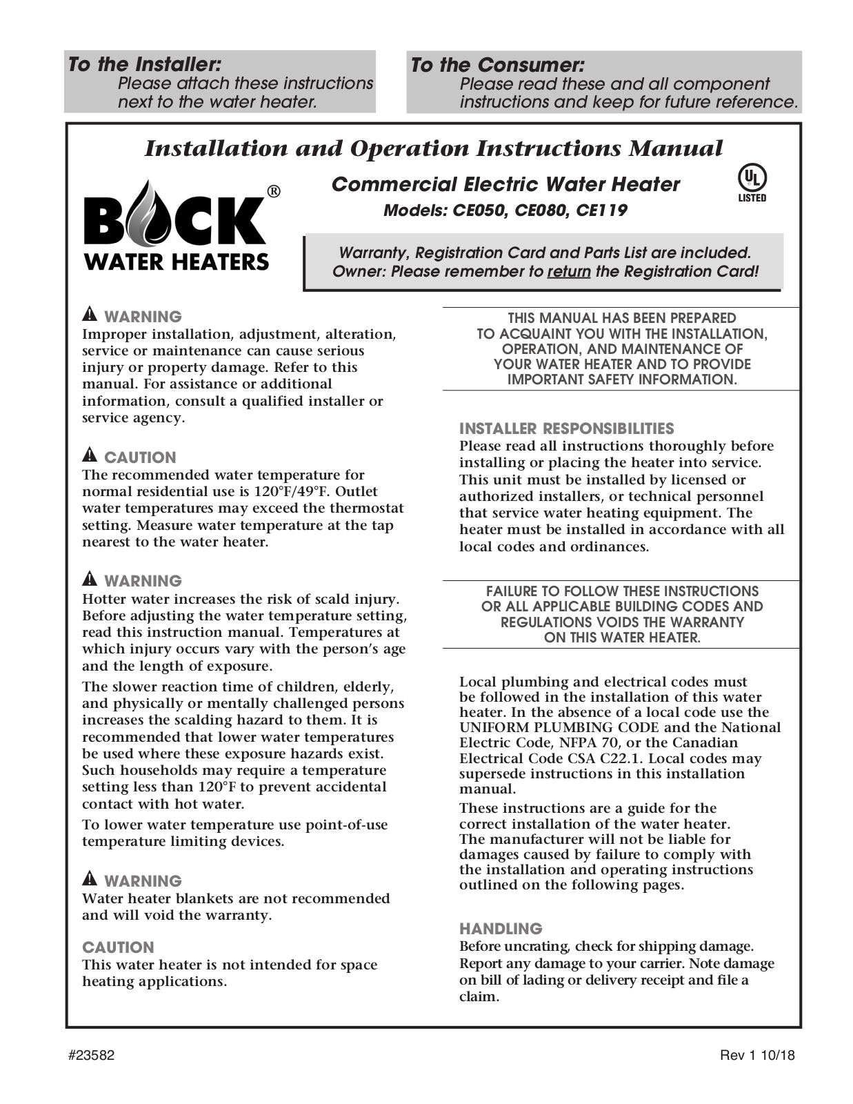 Bock Water heaters CE050, CE080, CE119 Installation And Operation Instruction Manual