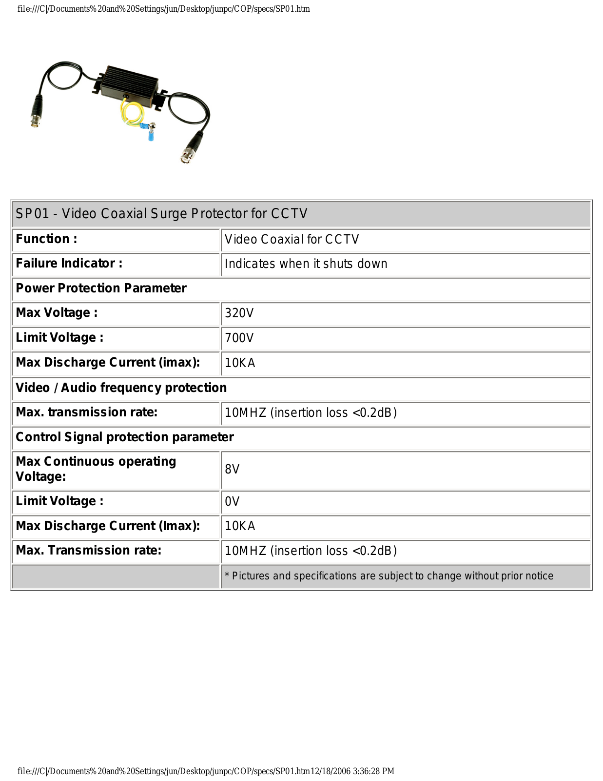 COP-USA SP01 Specsheet