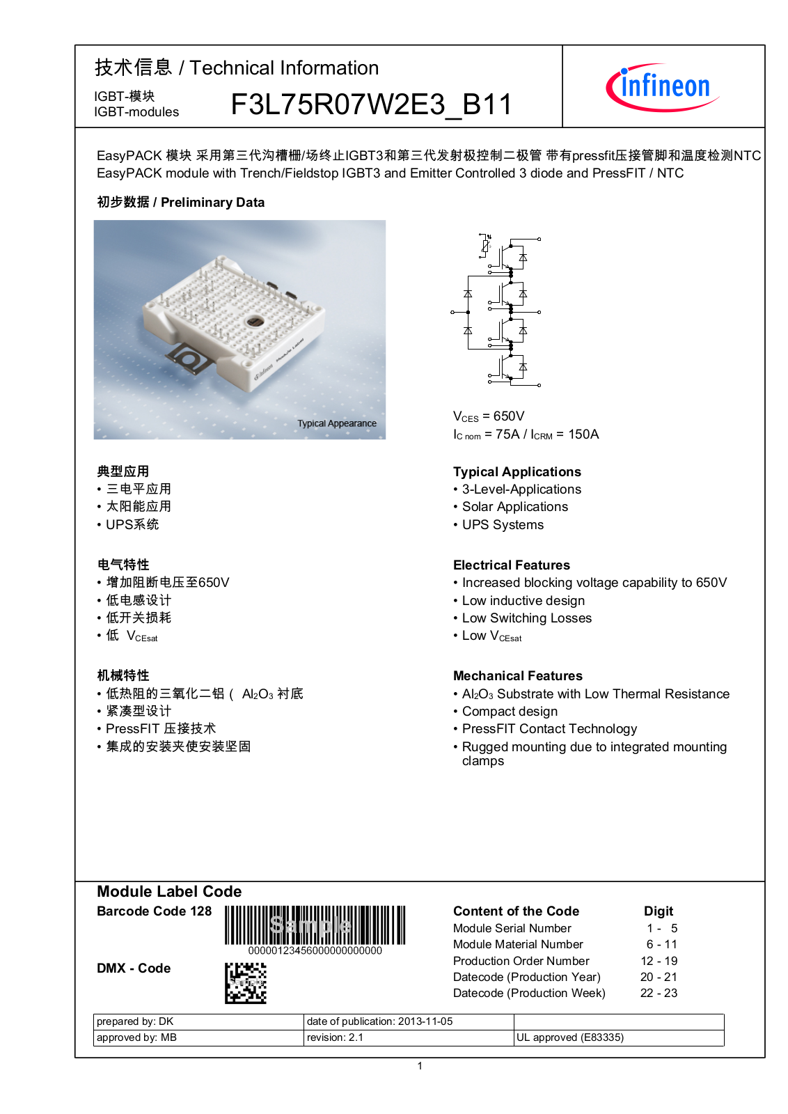 Infineon F3L75R07W2E3-B11 Data Sheet