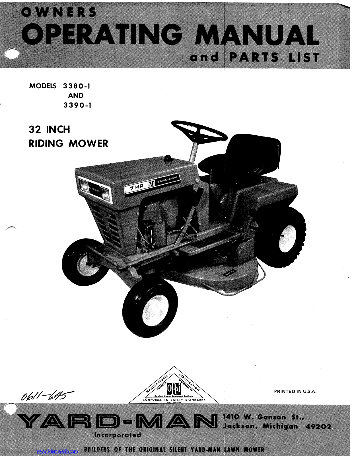 Yard-Man 3380-1, 3390-1 Owners Operating Manual And Parts List