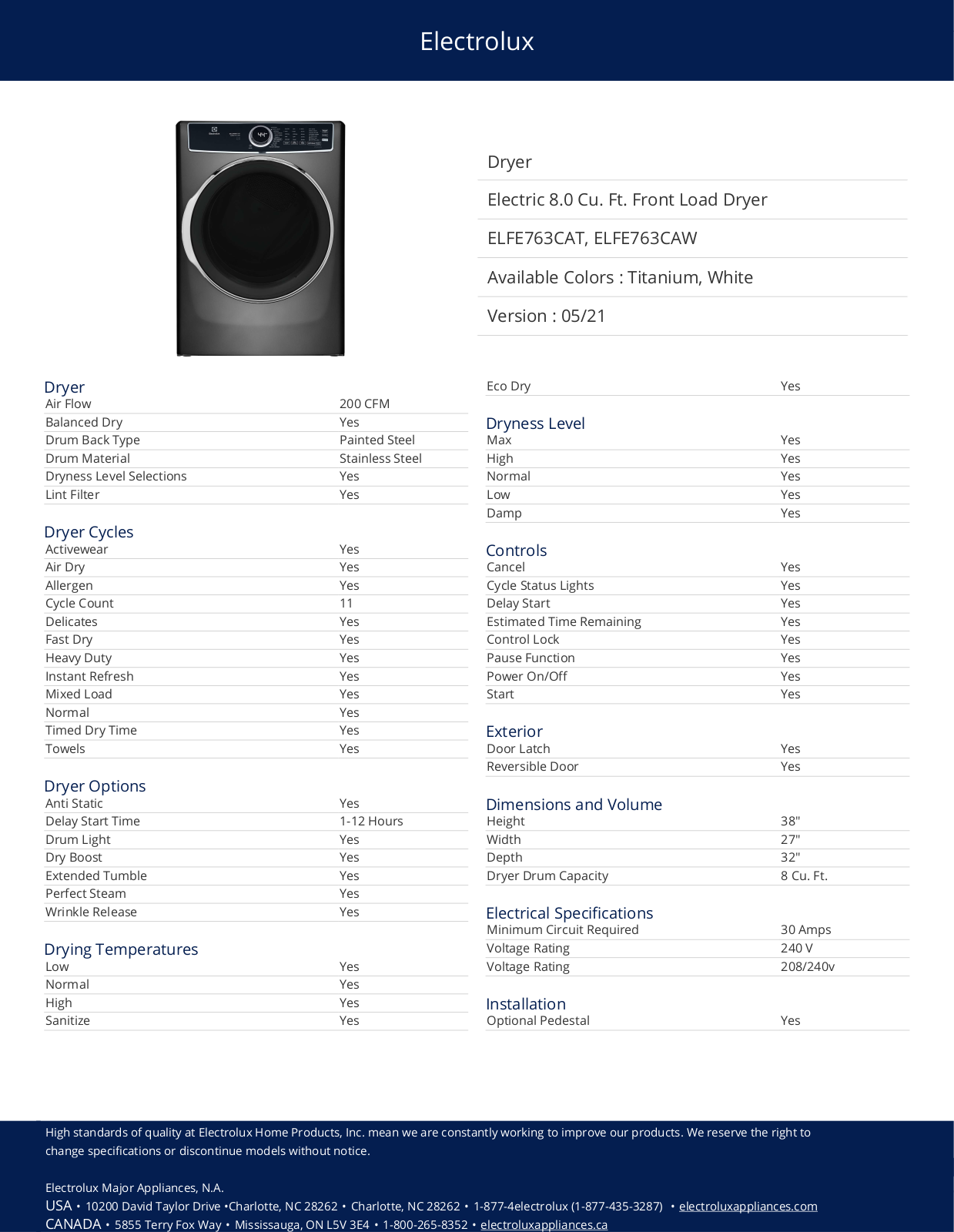 Electrolux ELFE763CAT, ELFE763CAW PRODUCT SPECIFICATIONS