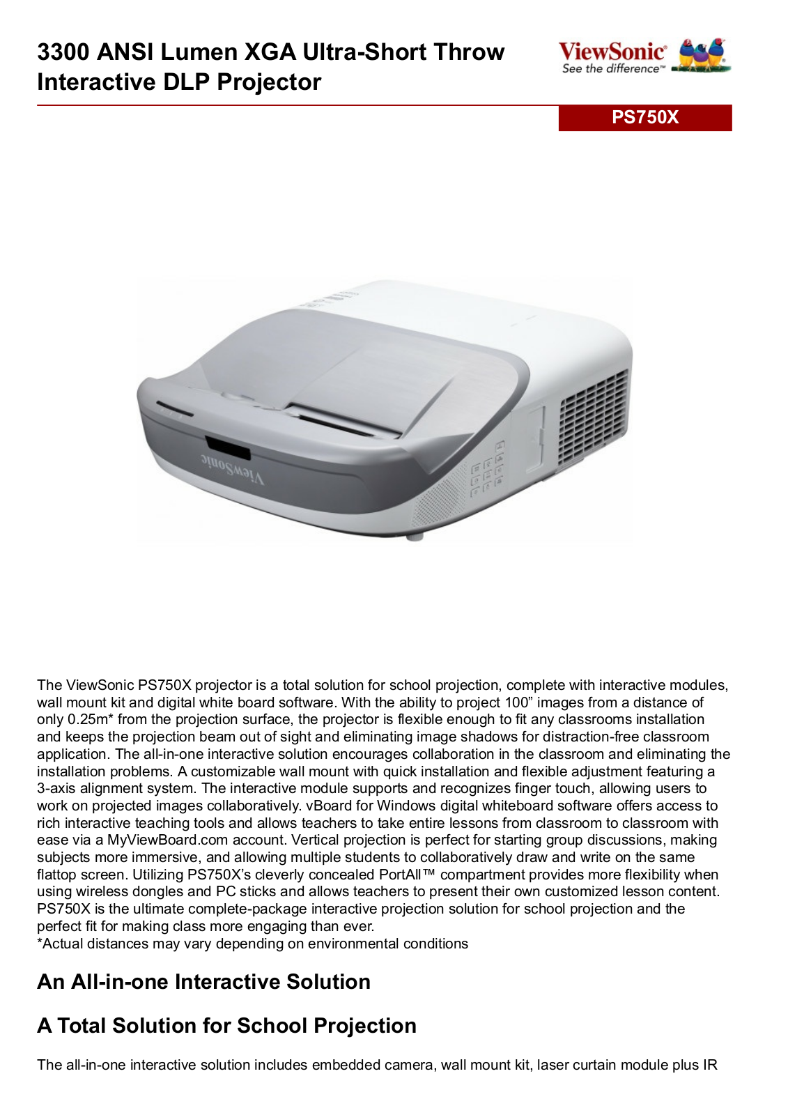 ViewSonic PS750X Product Sheet