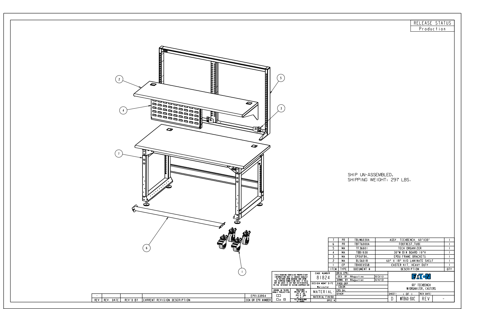 Eaton Benches By Wright Line WTB60-BXC Dimensional Sheet