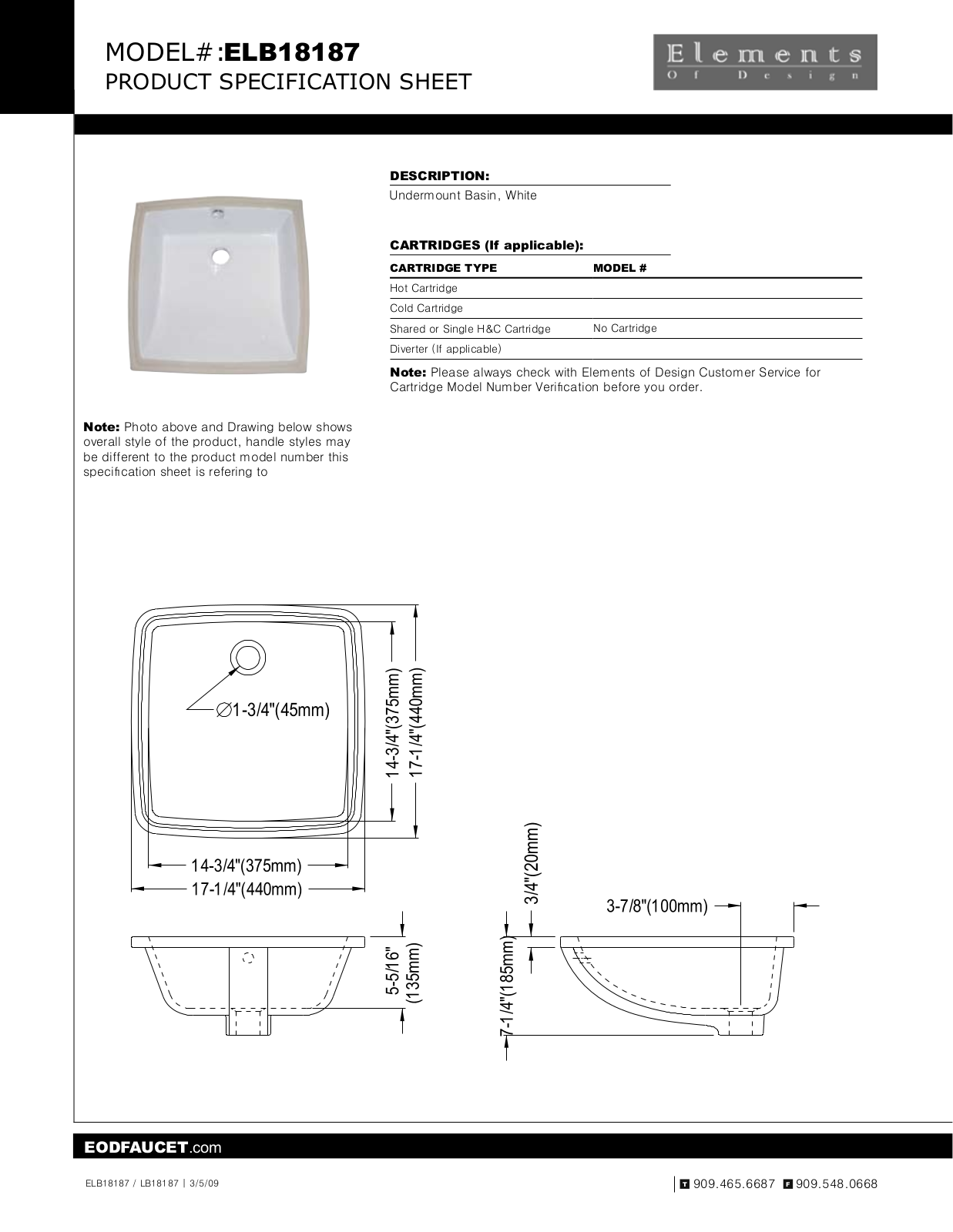 Elements of Design EDE1813 Specification Sheet