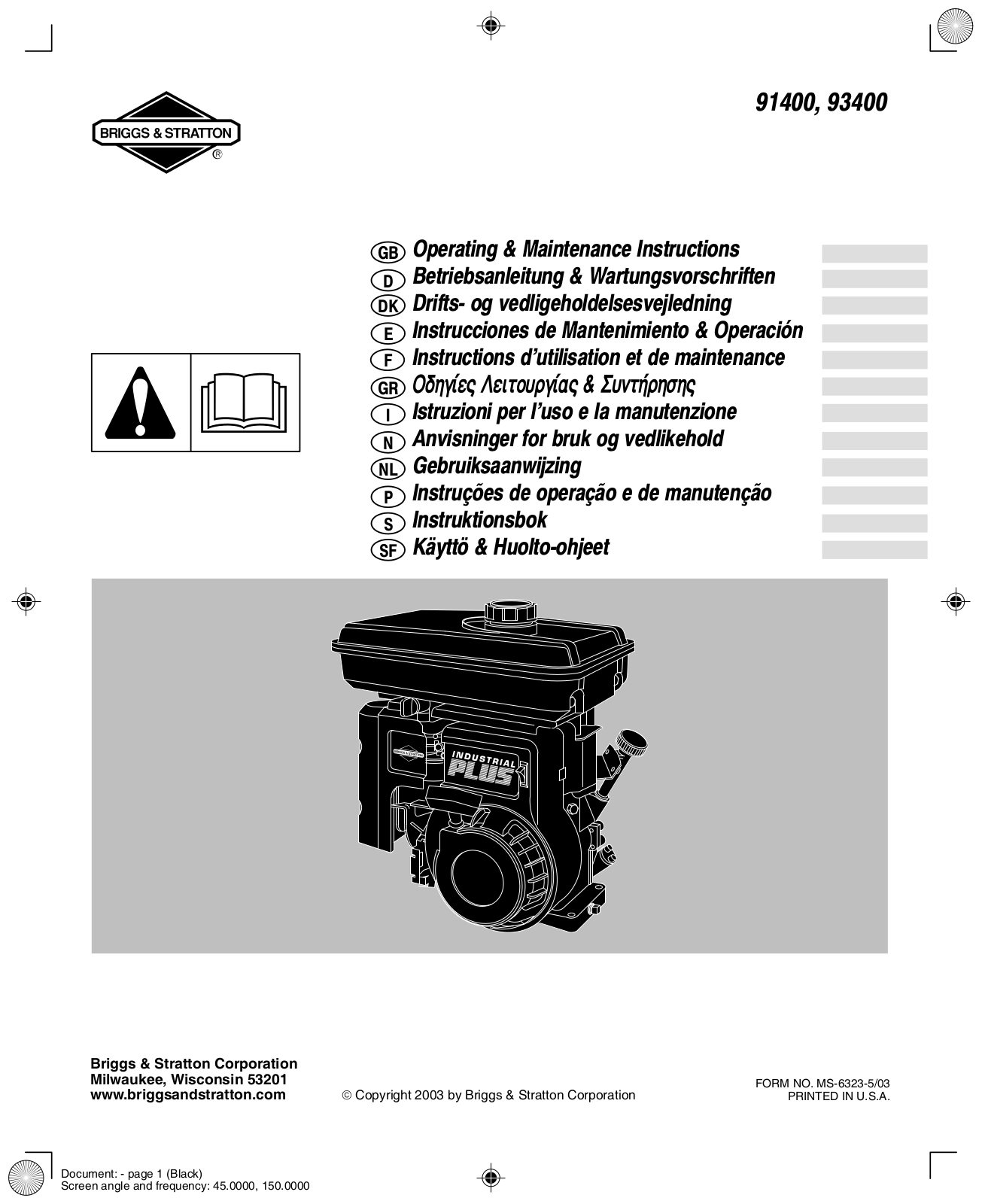 Briggs & Stratton 91400, 93400 Operating & Maintenance Instructions