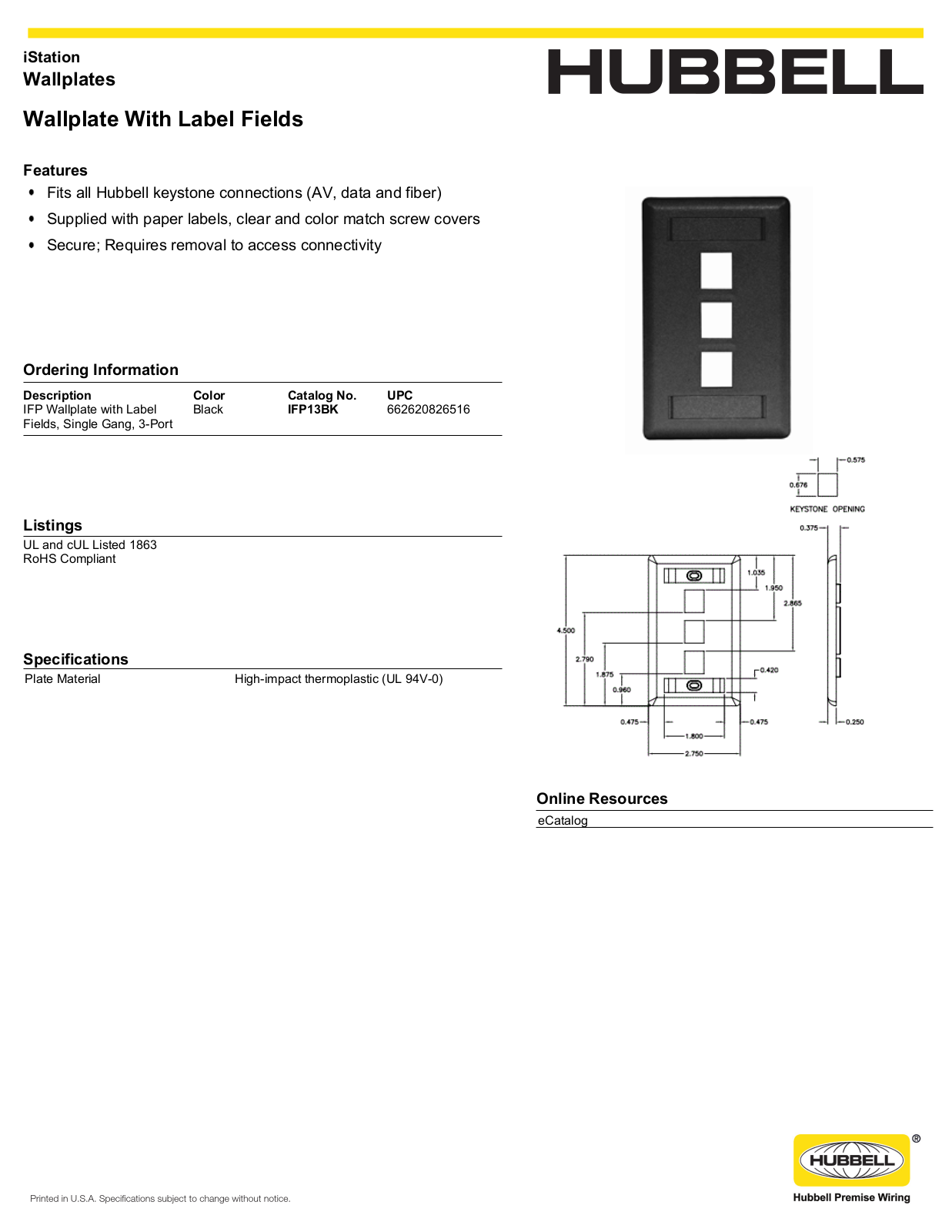 Hubbell IFP13BK Specifications