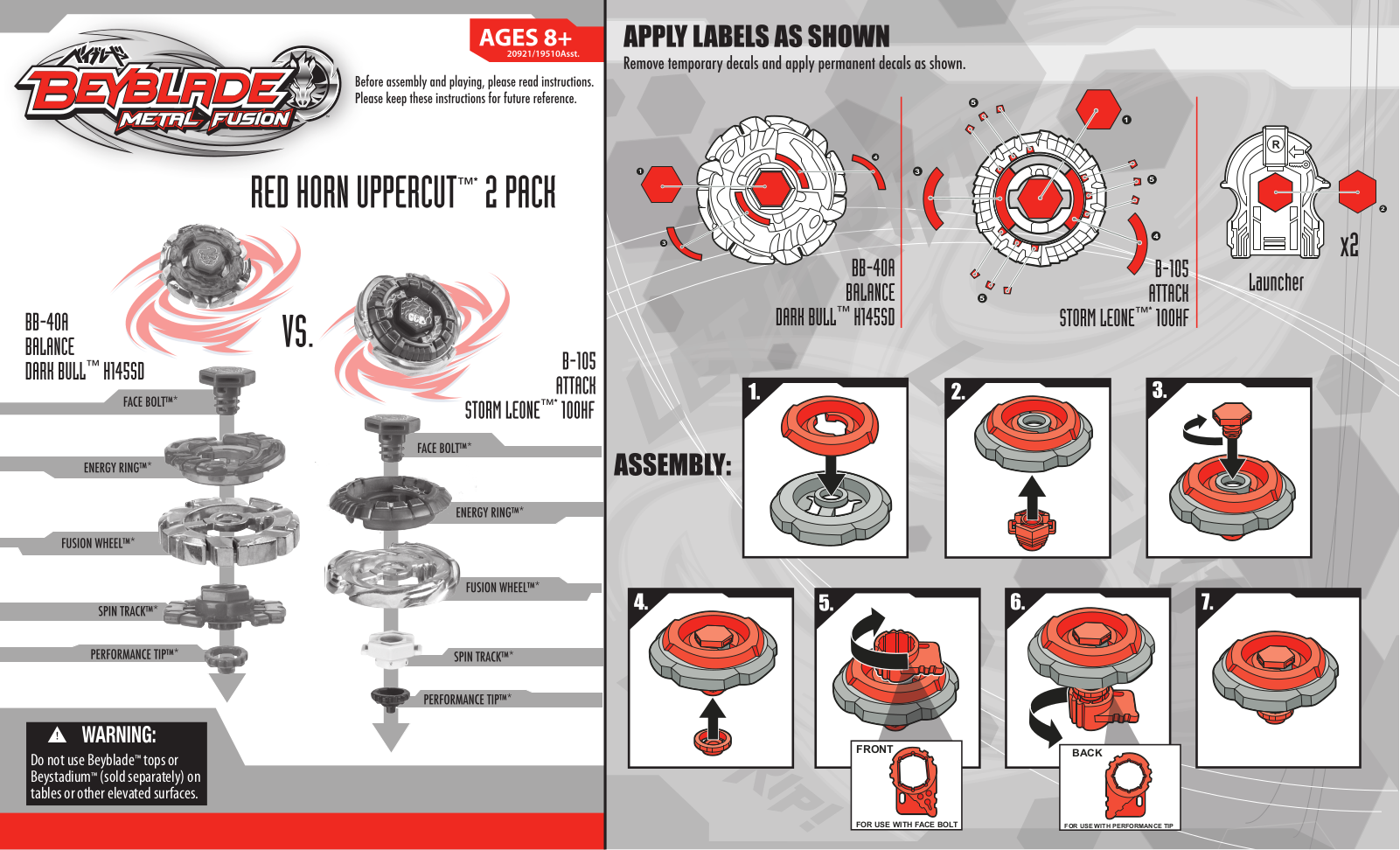 HASBRO Beyblade Metal Fusion Balance Dark Bull Vs Attack, Beyblade Metal Fusion Red Horn Uppercut 2-Pk User Manual