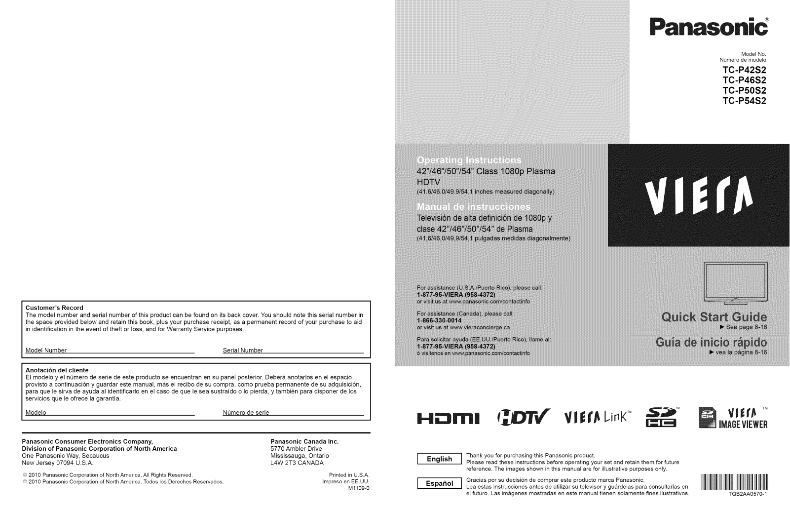 Panasonic TC-P54S2, TC-P50S2, TC-P46S2, TC-P42S2 Owner’s Manual