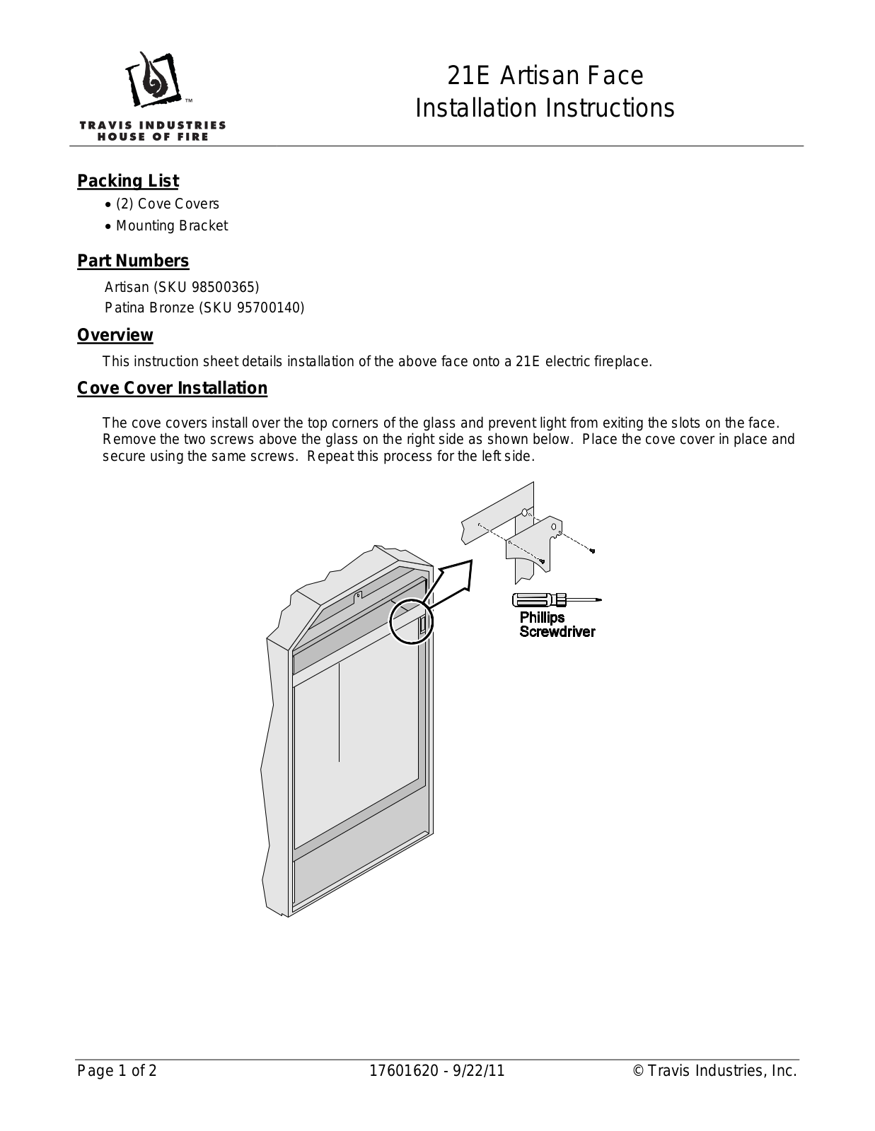 Travis Industries 21E Artisan Face installation Guide - ManualMachine.com