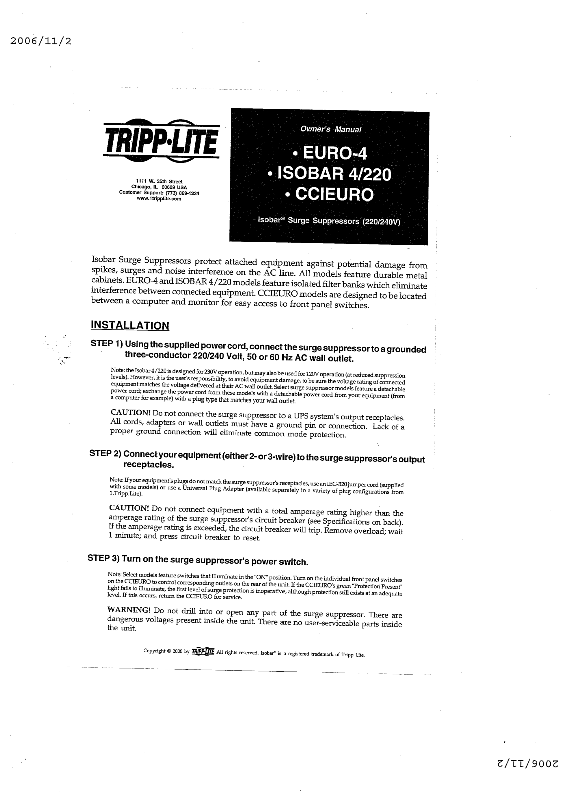 Tripp Lite ISOBAR 4-220, CCIEURO User Manual