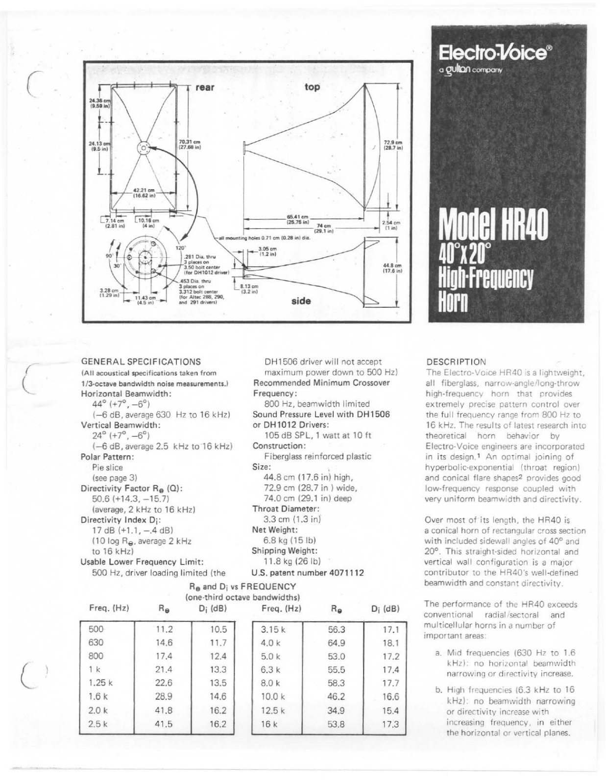 Electro-voice HR40 DATASHEET