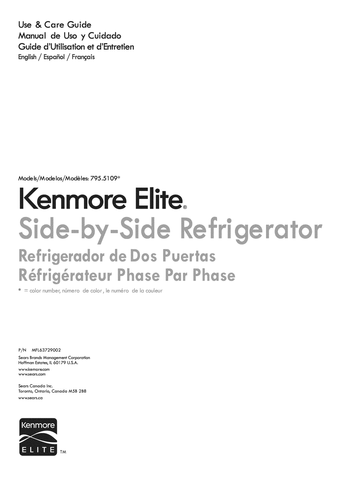 Kenmore Elite 79551092010, 79551099011, 79551099010, 79551093011, 79551093010 Owner’s Manual