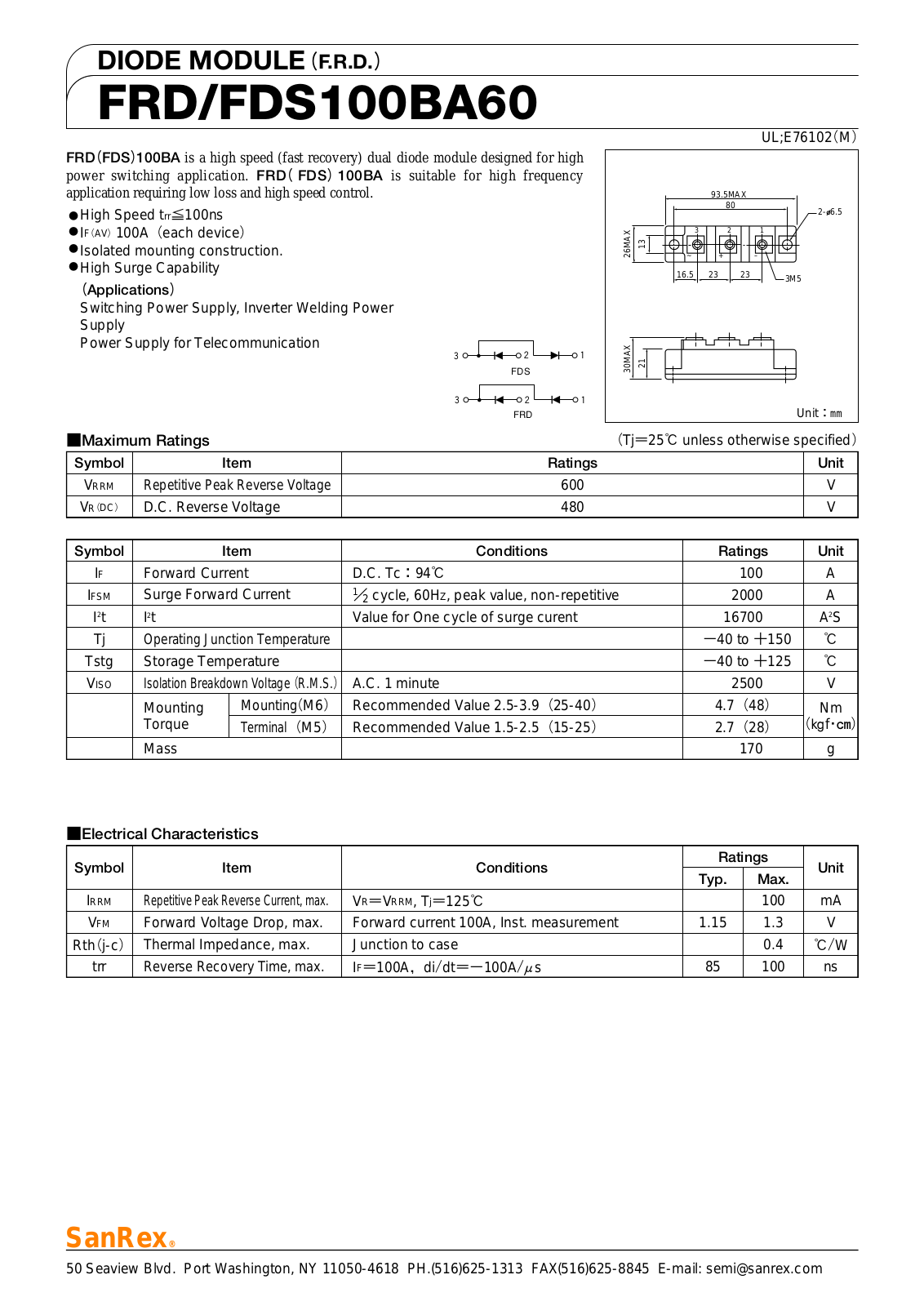 Sanrex-Sansha Electric Manufacturing FRD100BA60, FDS100BA60 Data Sheet