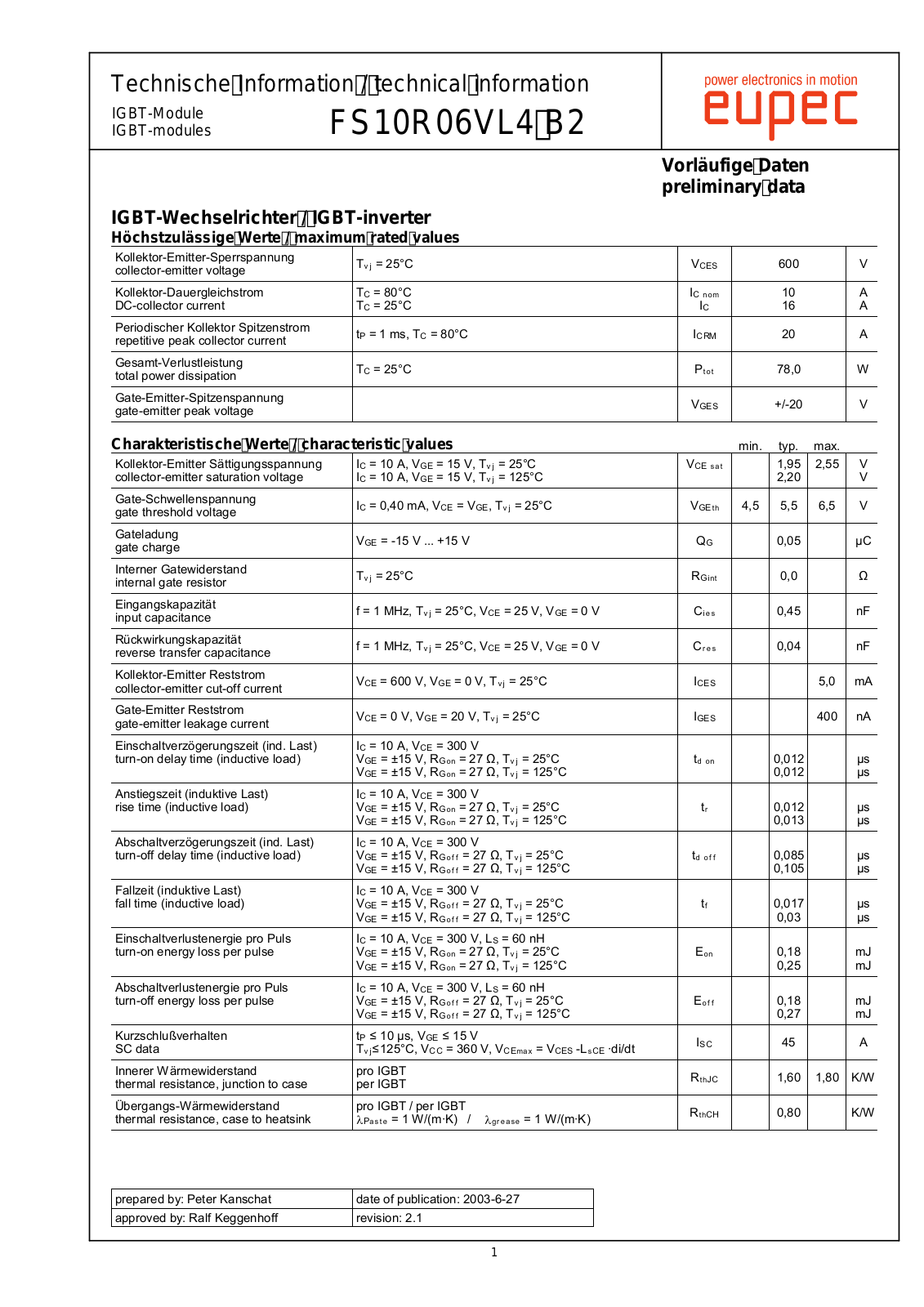 Infineon FS10R06VL4-B2 Data Sheet