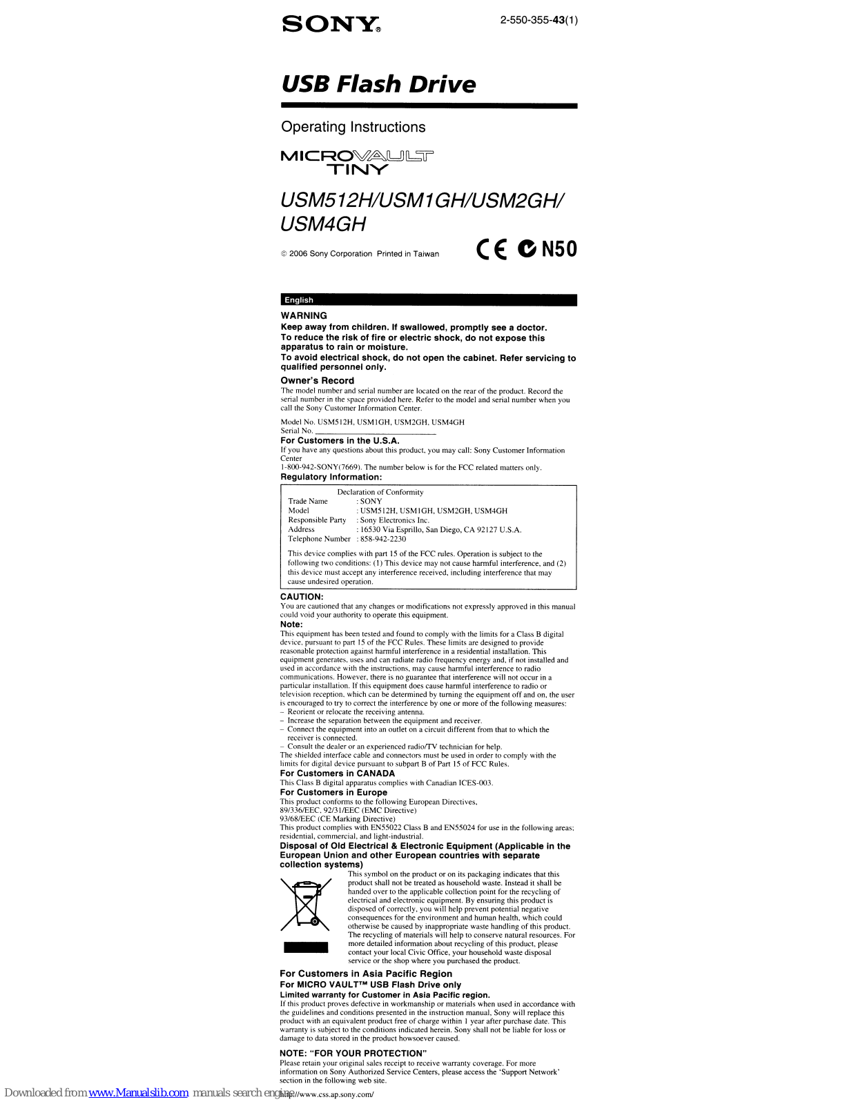 Sony USM512H, USM1GH, USM2GH, USM4GH, Micro Vault TINY USM512H Operating Instructions Manual