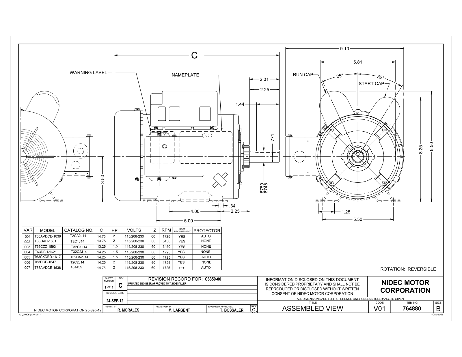 US Motors T2CA2J14, T2C1J14, T32C1J14, T32C2J14, T32CA2J14 Dimensional Sheet