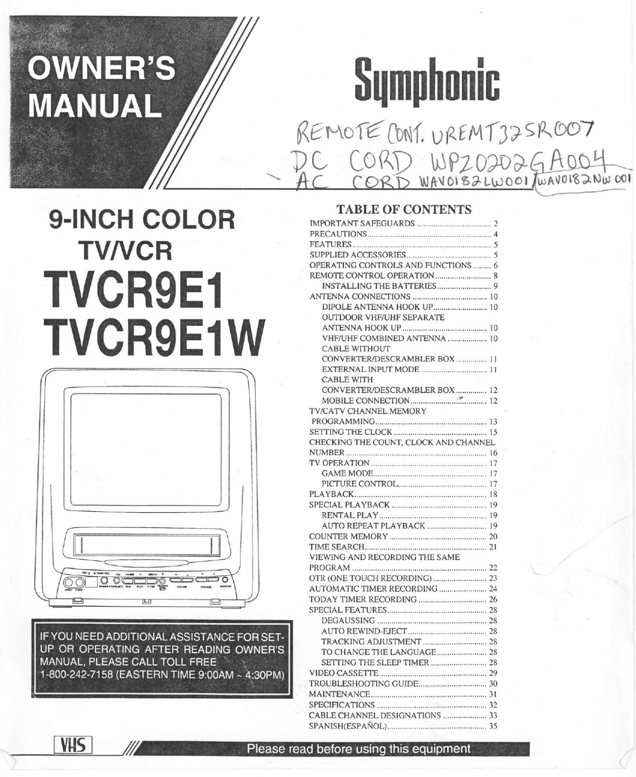 FUNAI TVCR9E1W, TVCR9E1W User Manual