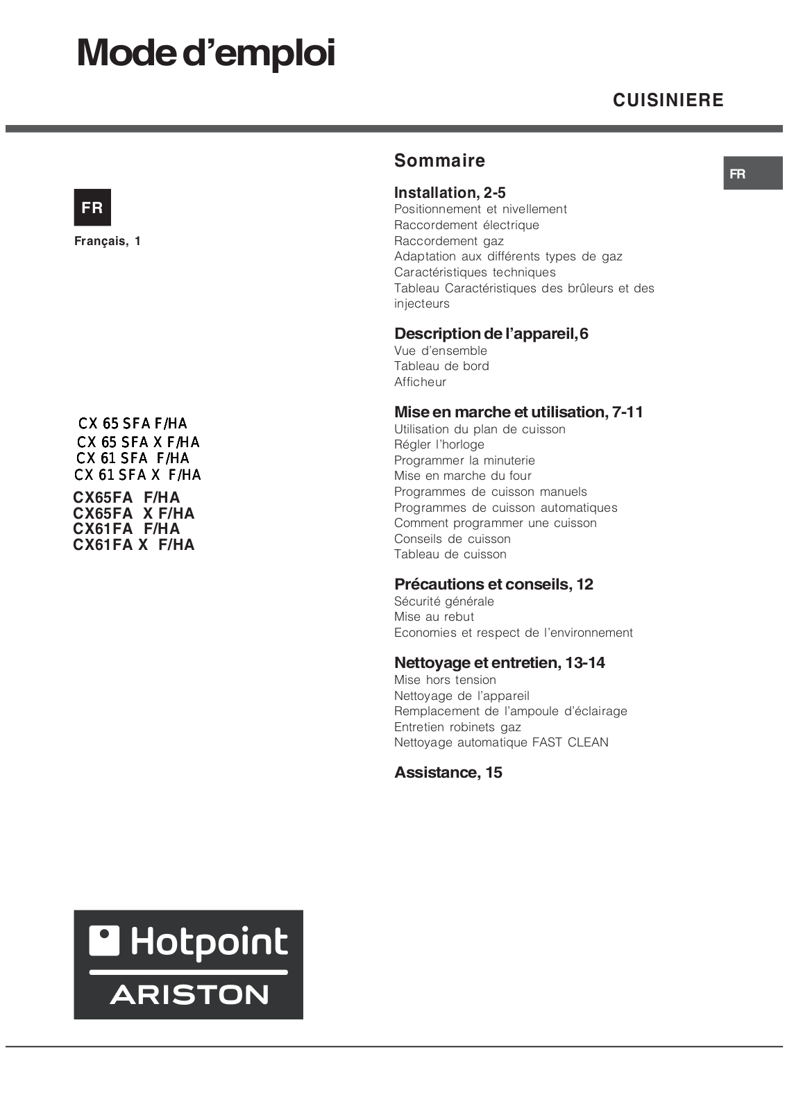 HOTPOINT CX 61 SFA X F User Manual