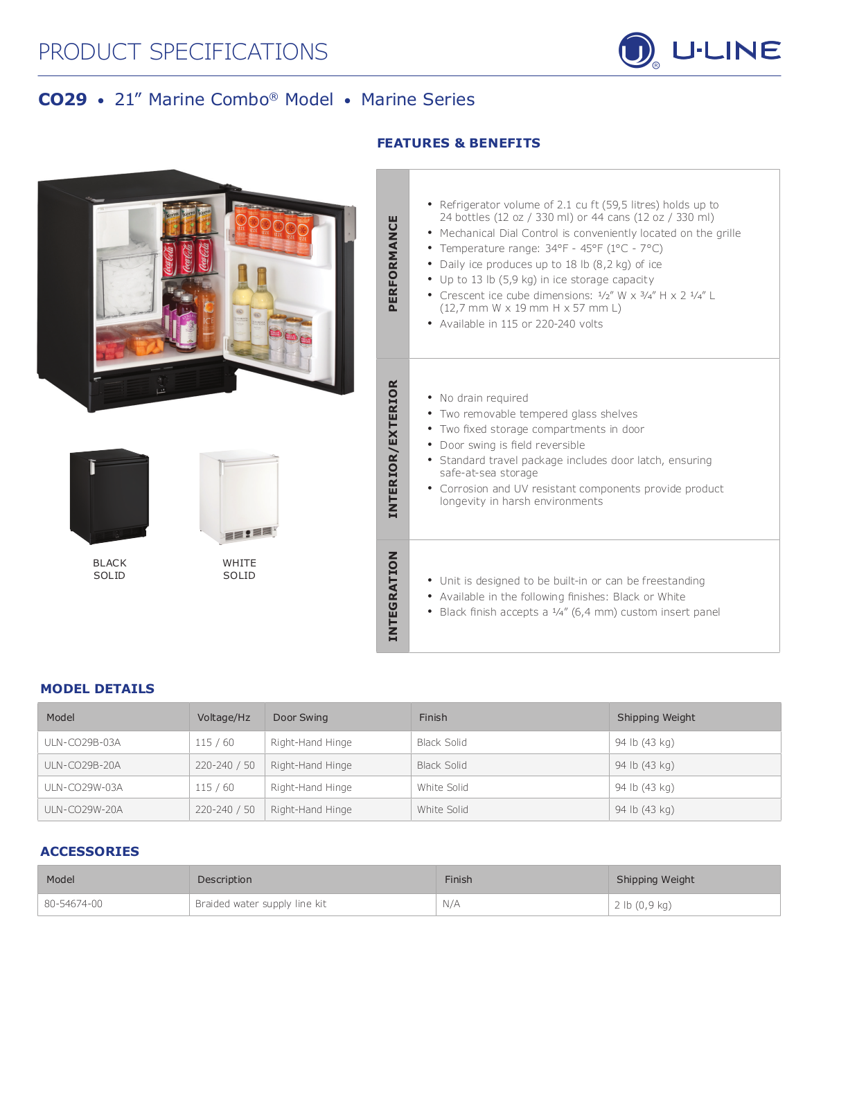 U-Line ULNCO29W20A Specifications