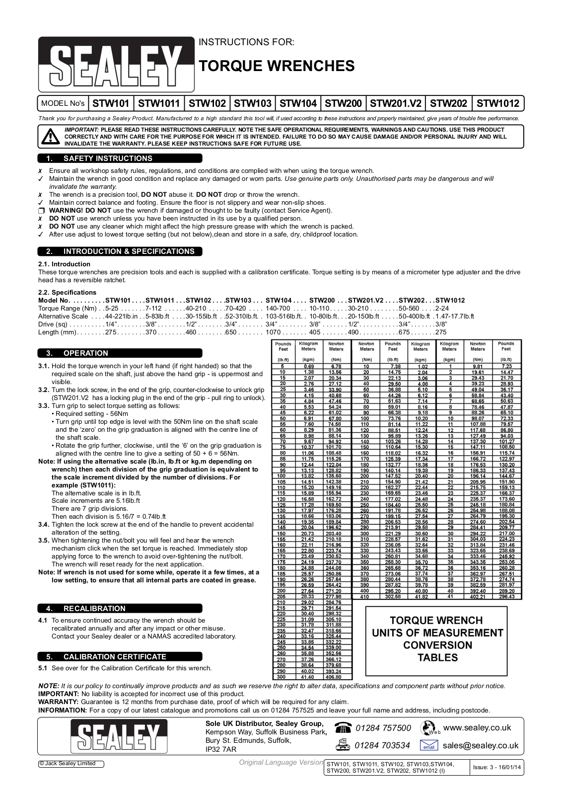 Sealey STW101,STW1011,STW102,STW103,STW104,STW200,STW201.V2,STW202,STW1012 Instructions For