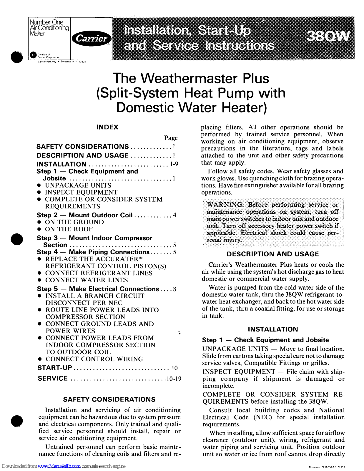 Carrier 38QW046, 38QW027, 38QW940, 38QW960, 38QW034 Installation Instructions Manual