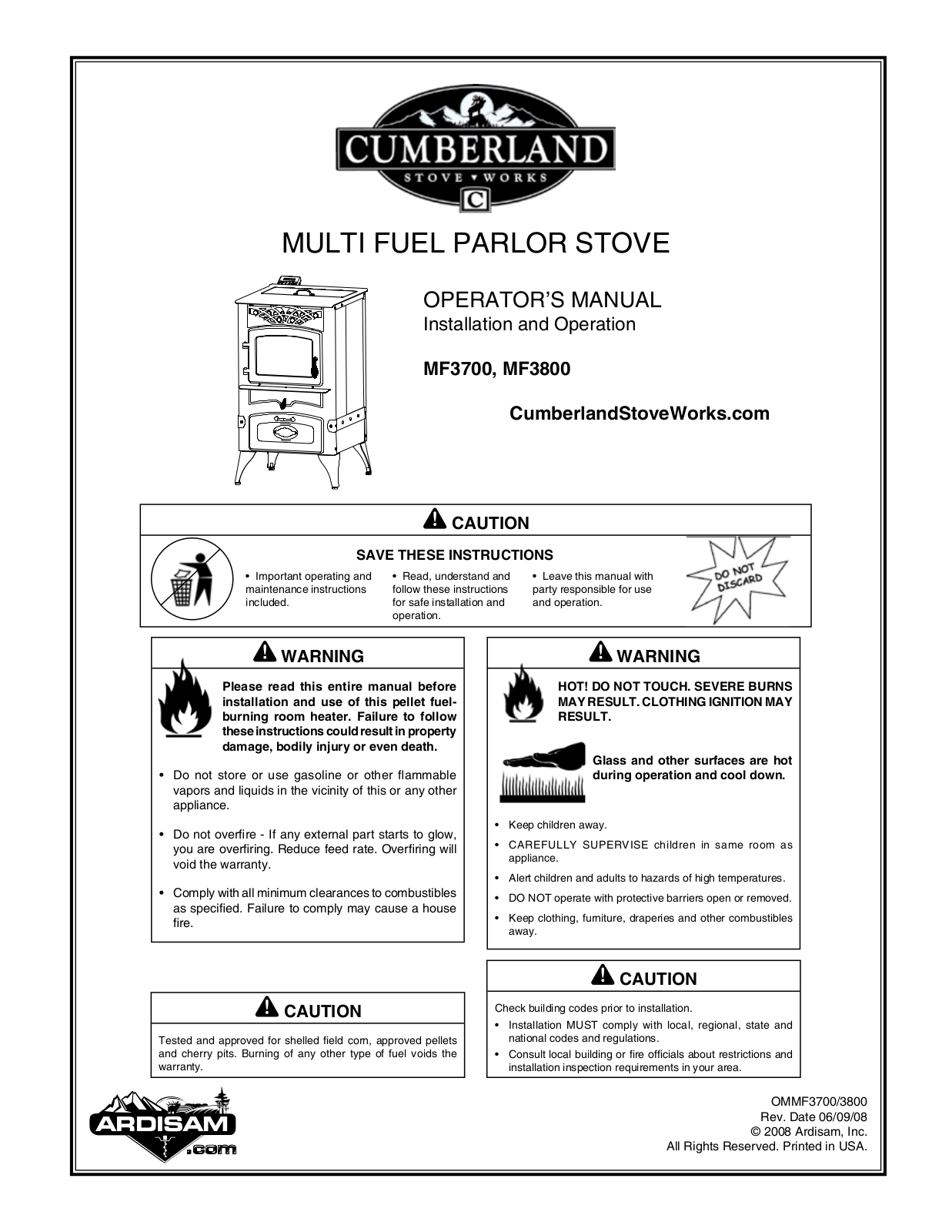 Cumberland Stove Works MF3700, MF3800 User Manual