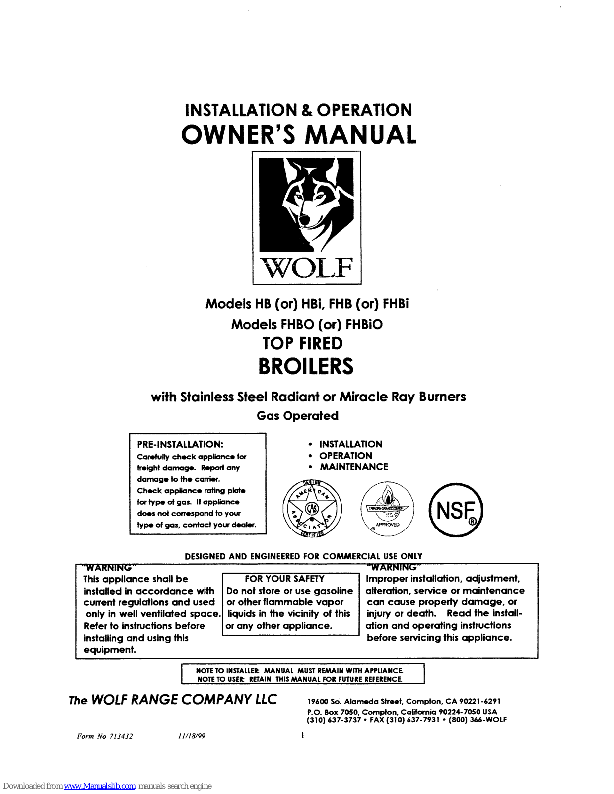 Wolf FHB, FHBiO, FHBi, HBi Installation & Operation Owner's Manual