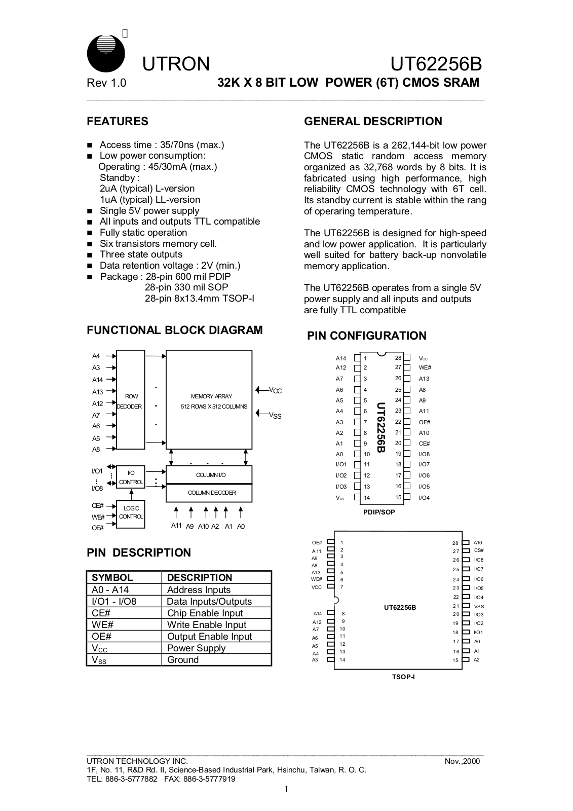 UTRON UT62256BSC-35LL, UT62256BSC-35L, UT62256BPC-70LL, UT62256BPC-70L, UT62256BLS-70LL Datasheet