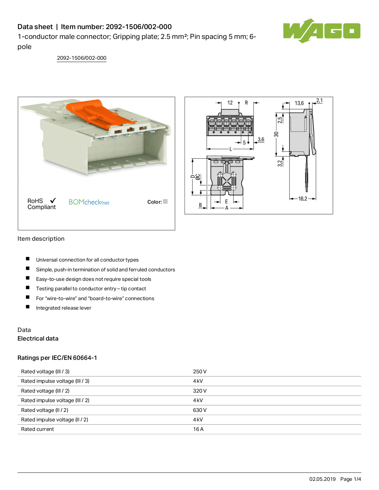 Wago 2092-1506/002-000 Data Sheet