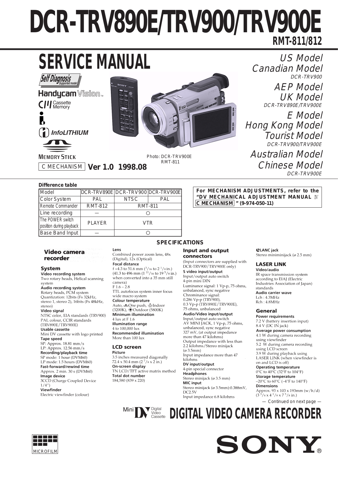 Sony RMT-812, RMT-811, DCR-TRV900E, DCR-TRV900, DCR-TRV890E Service Manual
