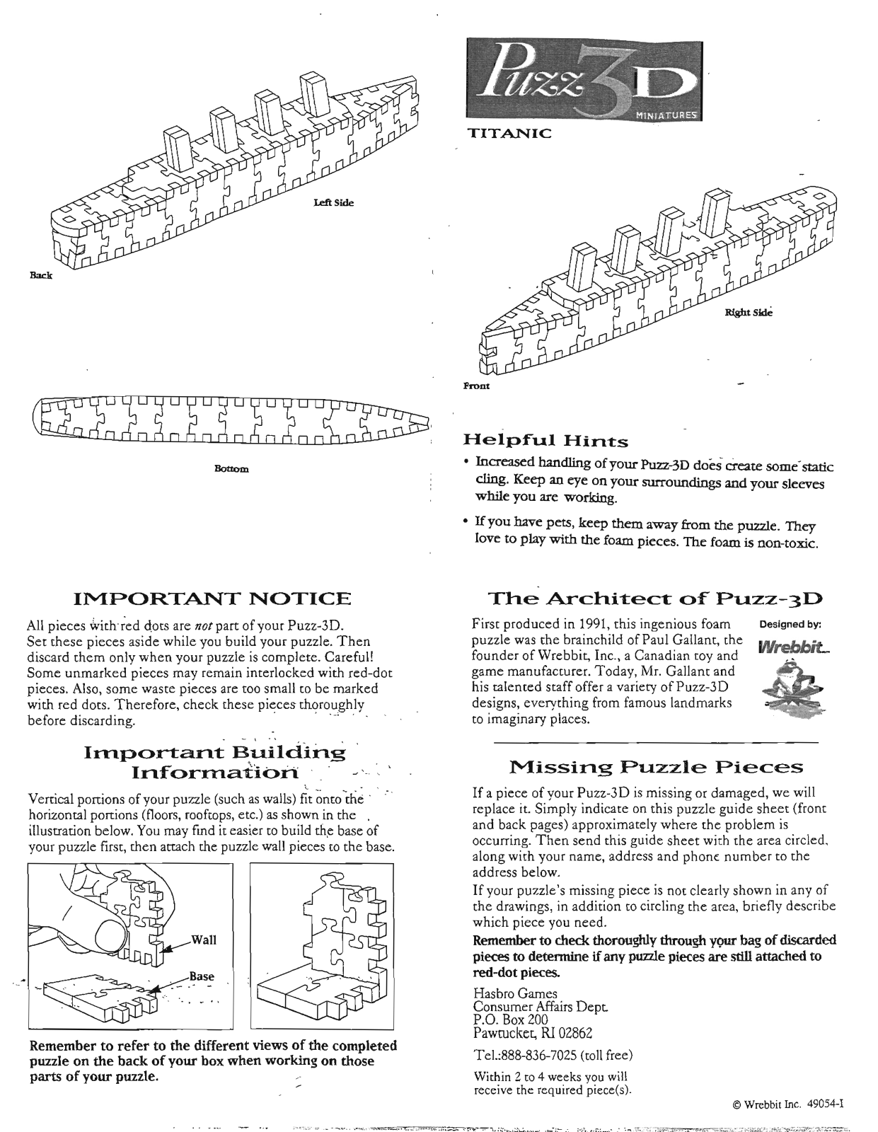 Hasbro PUZZ 3D MINIATURES TITANIC User Manual