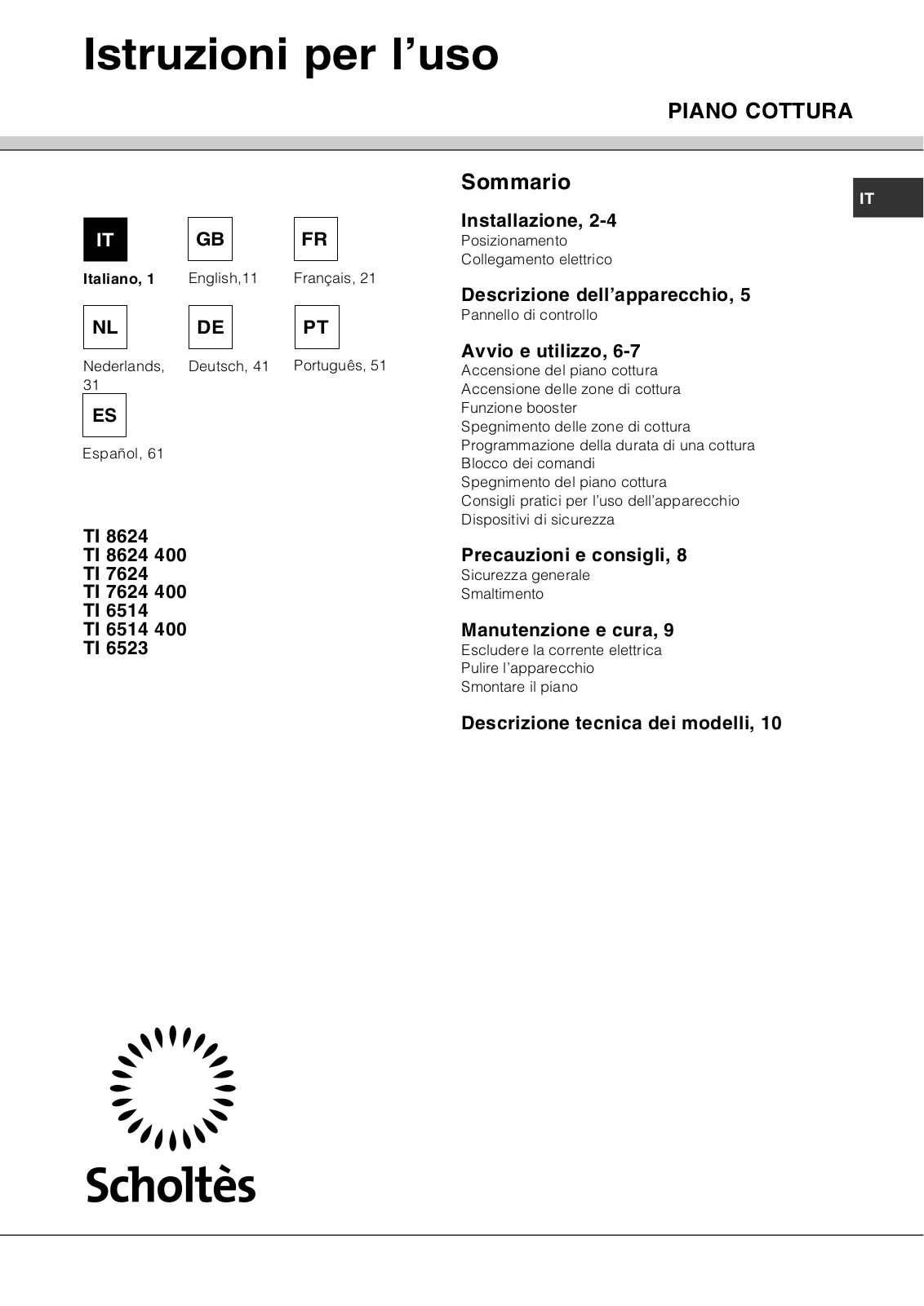 SCHOLTES TI7624NR, TI6523NR, TI8624 User Manual