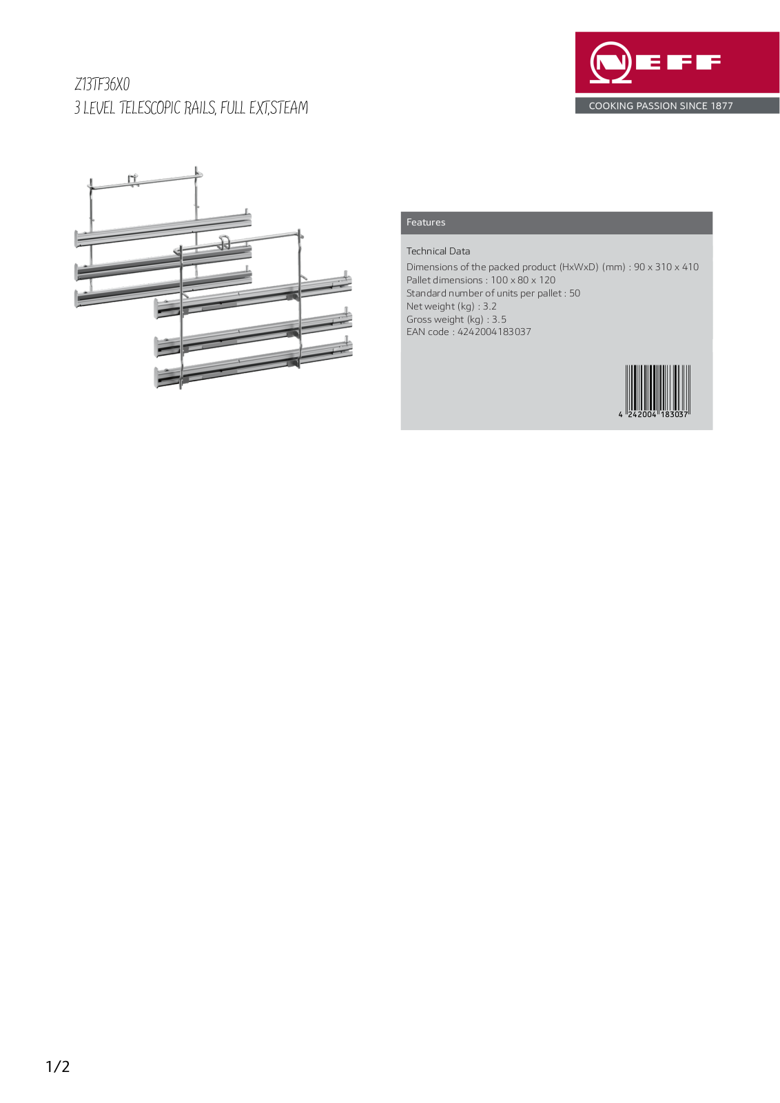 NEFF Z13TF36X0 Specifications Sheet