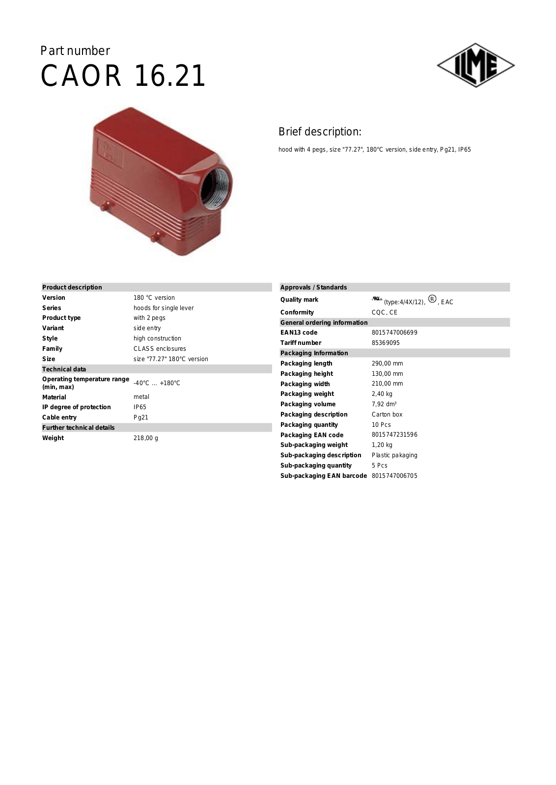 Datasheet CAOR-16.21 Datasheet (ILME) - ManualMachine.com