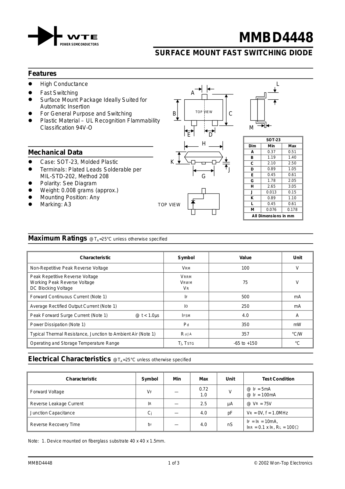 WTE MMBD4448-T1, MMBD4448-T3 Datasheet