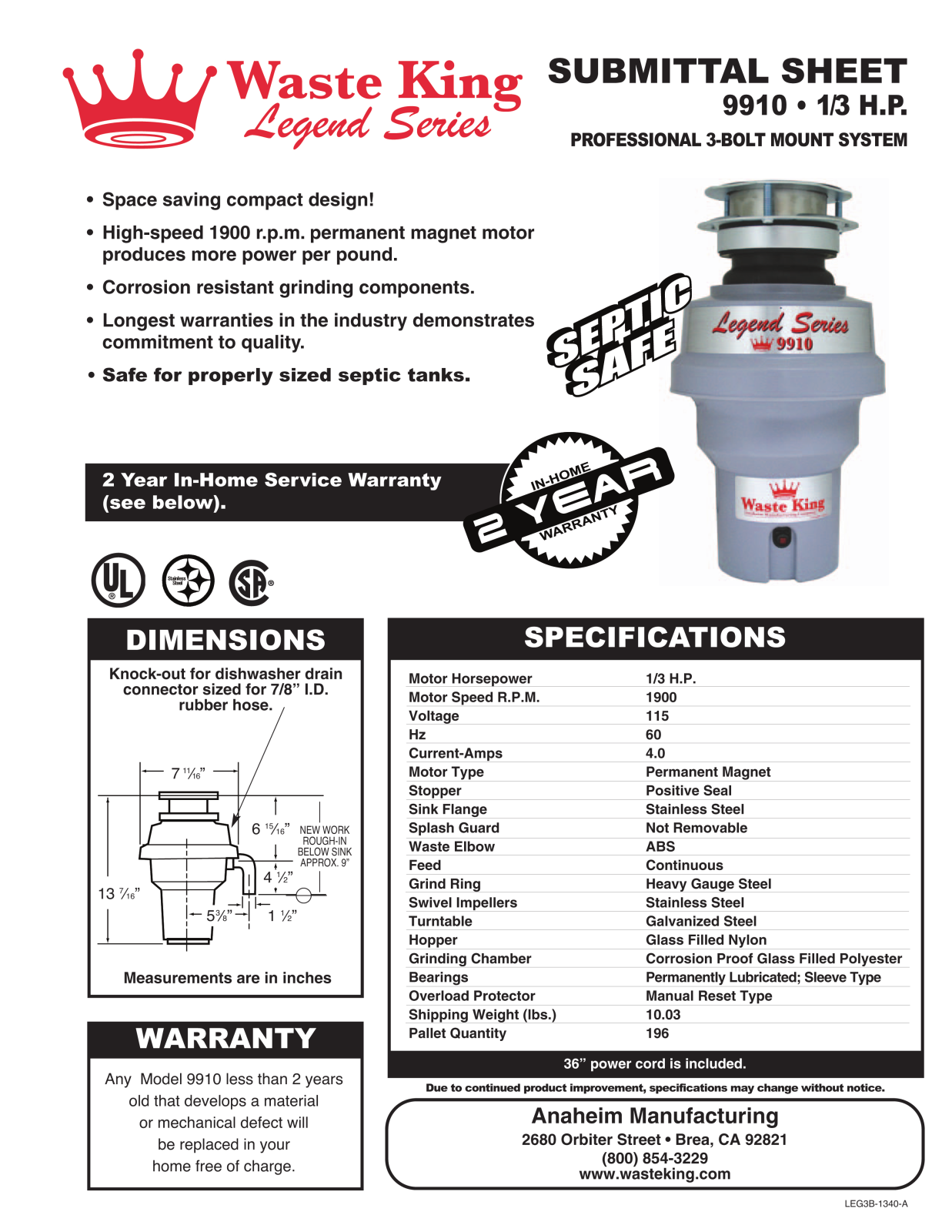 Waste King 9910 Specifications