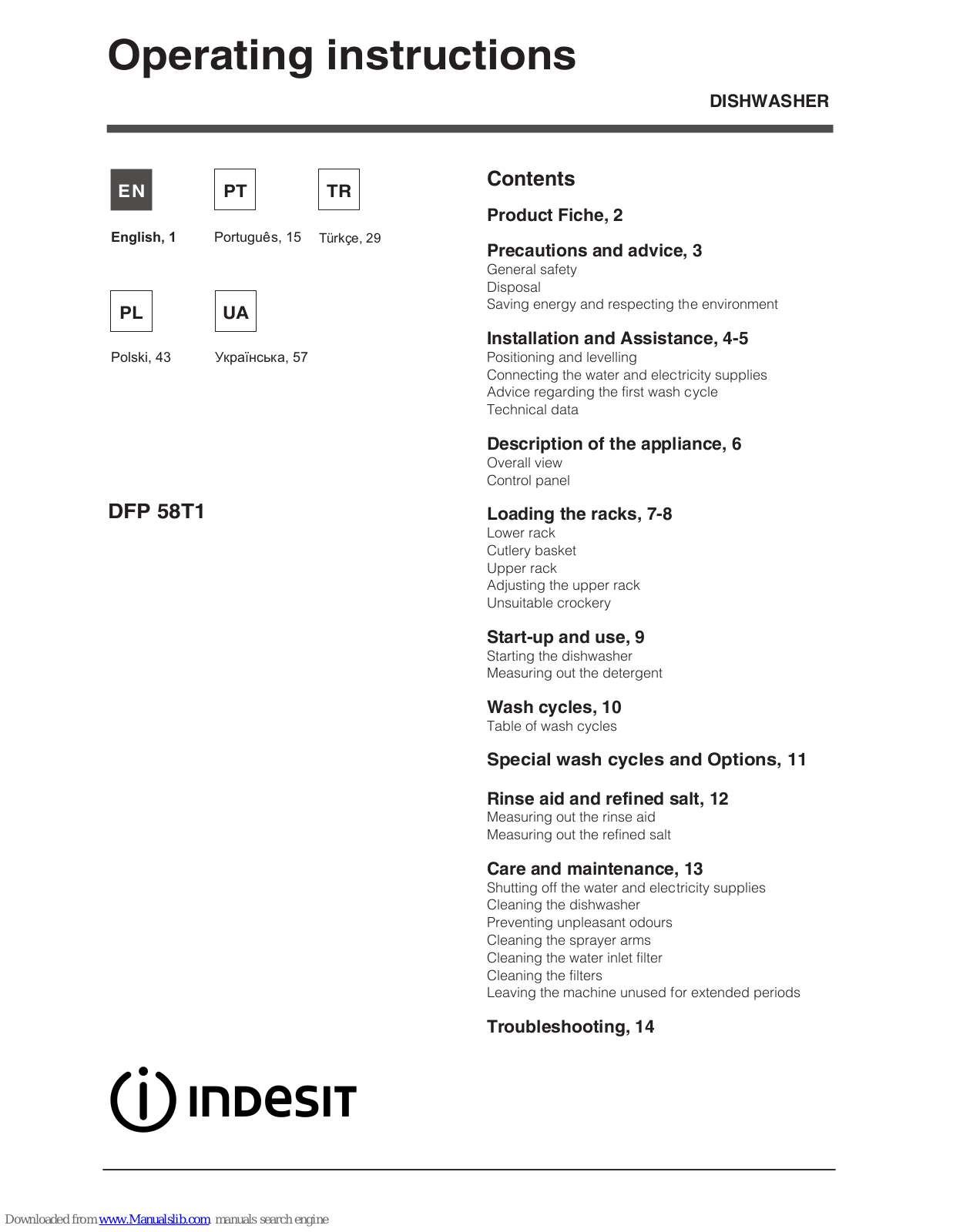 Indesit DFP 58T1, DFP 58T94 Operating Instructions Manual