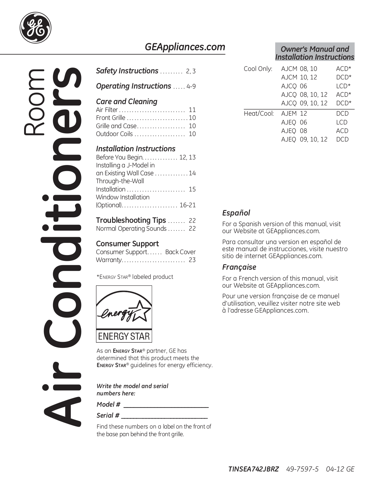 GE AJCM08ACD, AJCM10ACD, AJCM10DCD, AJCM12DCD, AJCQ06LCD Owner’s Manual & Installation Instructions