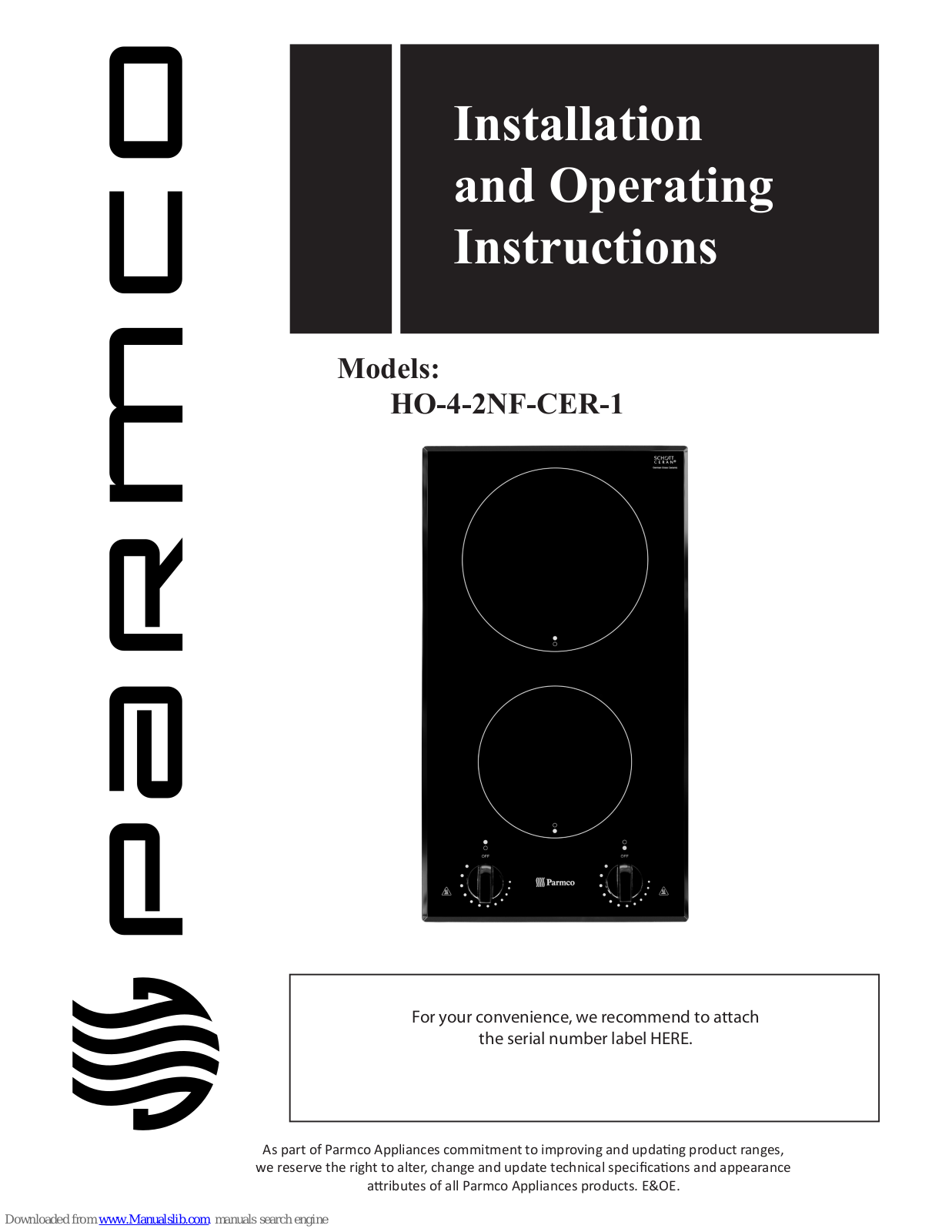 Parmco HO-4-2NF-CER-1 Installation And Operating Instructions Manual