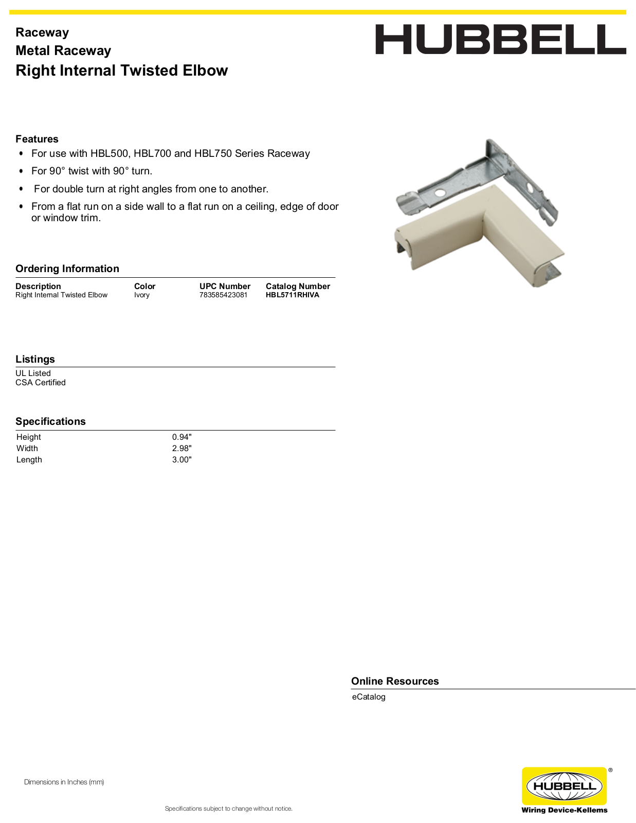 Hubbell HBL5711RHIVA Specifications