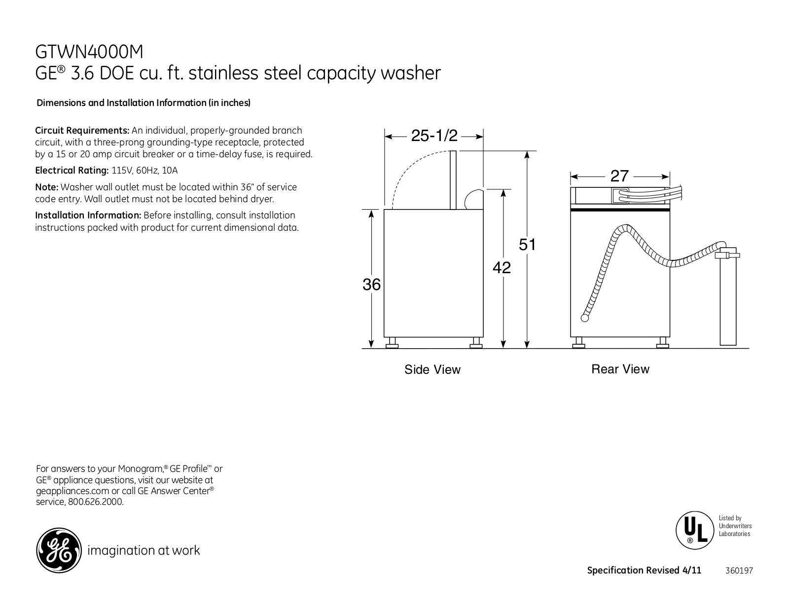 GE GTWN4000MWS Specification